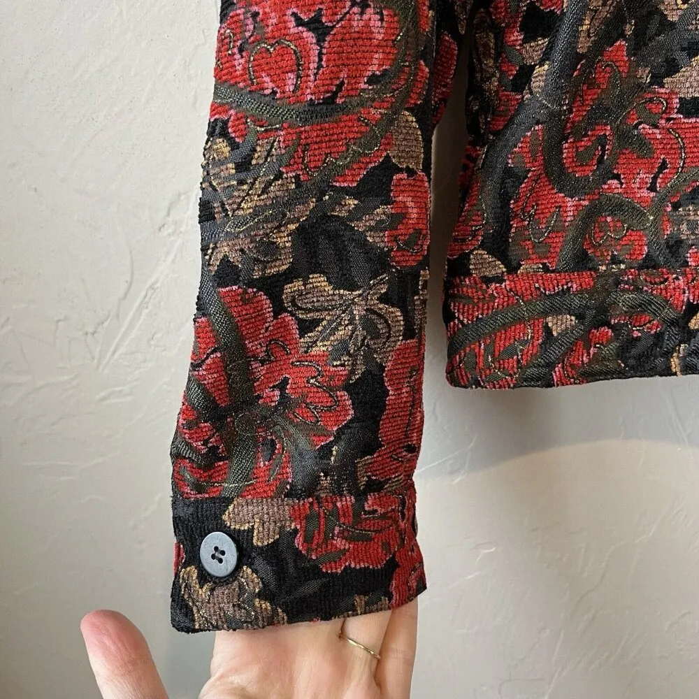 Coldwater Creek Red Embroidered Floral Corduroy Jacket Medium Holiday Gold Boho - Image 2