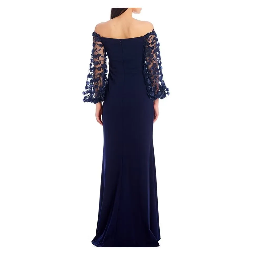 Eliza J Navy Blue Off The Shoulder 3D Fleur Appliqué Scuba Crepe Gown Sz.6 NWT - Image 2