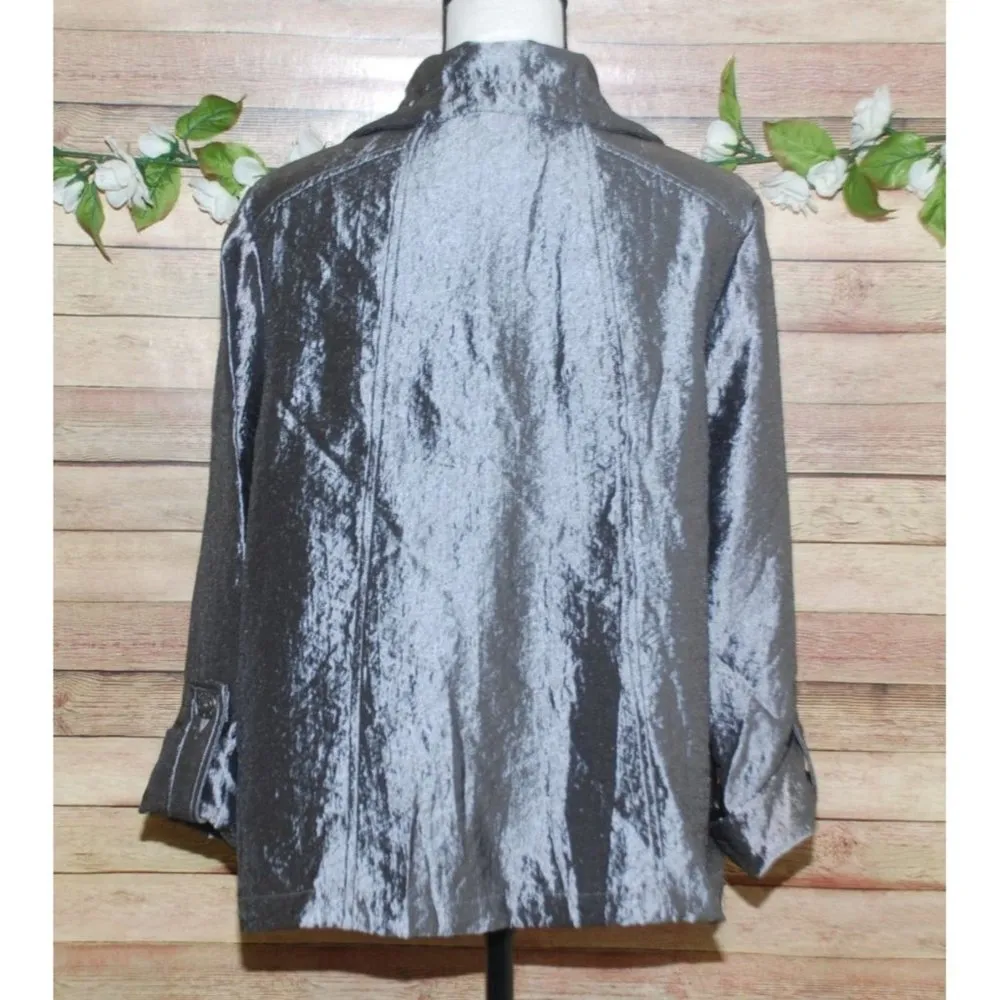 Ruby Rd . Ladies Gray Silver Metallic Jacket Blazer Size 10 Button Up Roll Tab - Image 9