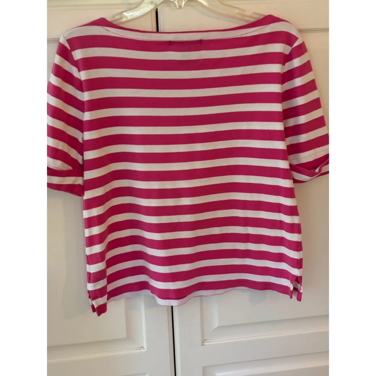 LAUREN RALPH LAUREN Women's Pink White Striped Boat Neck Top Size L Cotton - Image 5