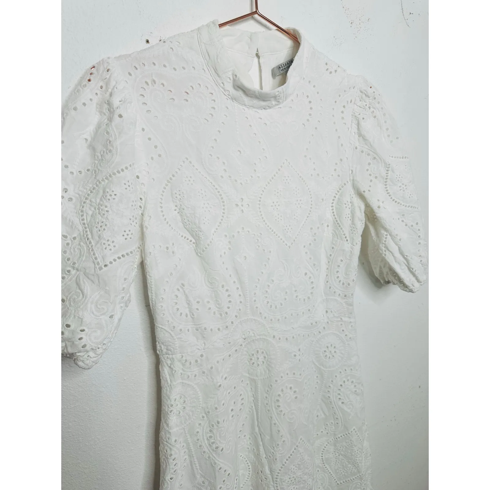 ALLSAINTS White Eyelet 100% Cotton Mock Neck Camila Broderie A - Image 4