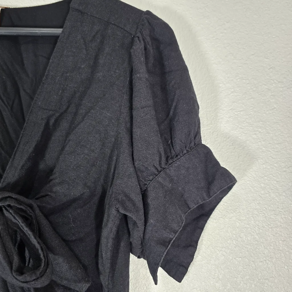 Free People Vintage Summer Midi Dress Tie Front Button down Black Size Large - Image 8