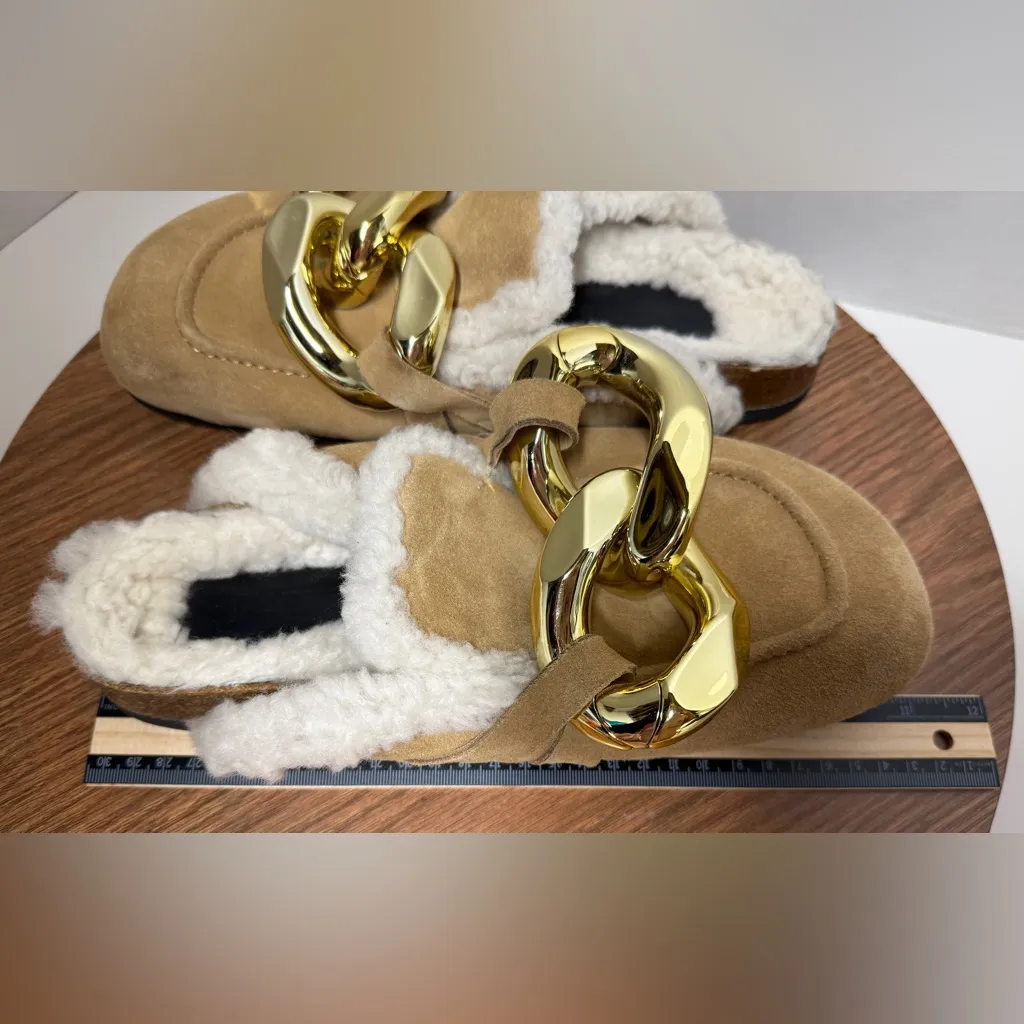 JW Anderson Beige Lamb Leather Shearling Chunky Gold Chain Loafer Clog Mules Tan Size 10 - Image 8