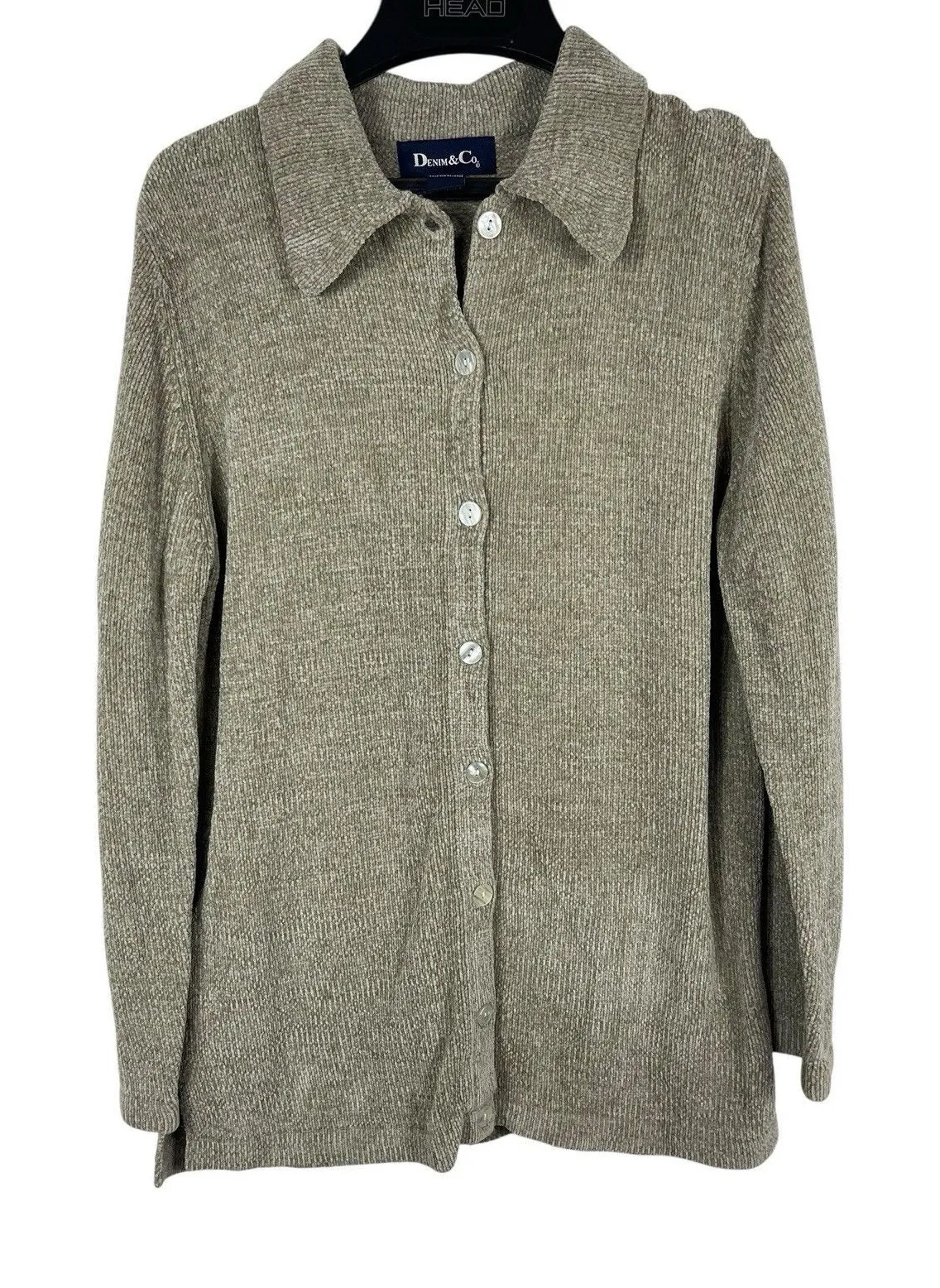 VTG Denim & Co. Chenille Cardigan Sweater S Tan Button Front Long Sleeve Brown - Image 1