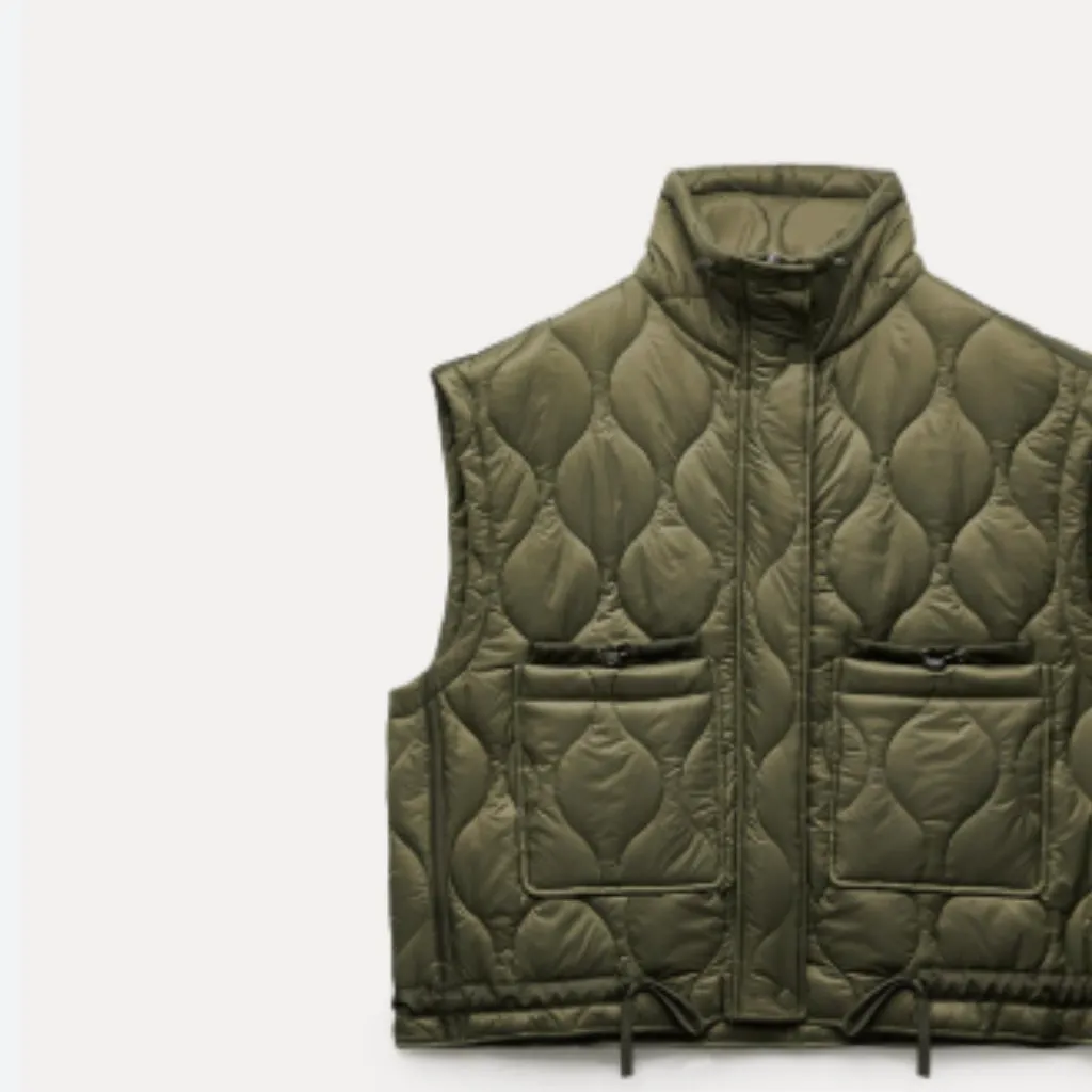 NWOT ZARA Khaki Green Puffer Jacket Sleeveless Pockets Lightweight Oversize M - Image 6