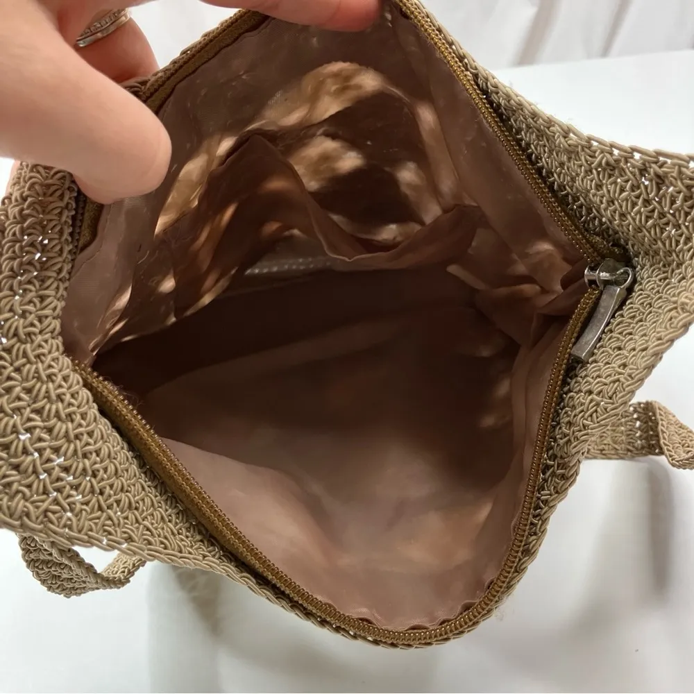 Woven Tan Crochet Floral Olefin Cotton Summer Shoulder Bag Purse - Image 3