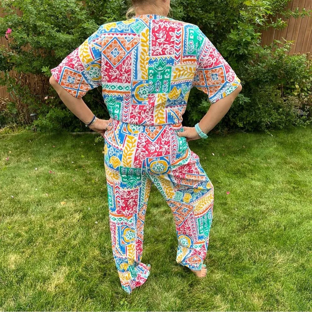 Vintage 90s Art Deco patch measure pants and blouse cruise beach granny outfit Pink Size L - Image 2