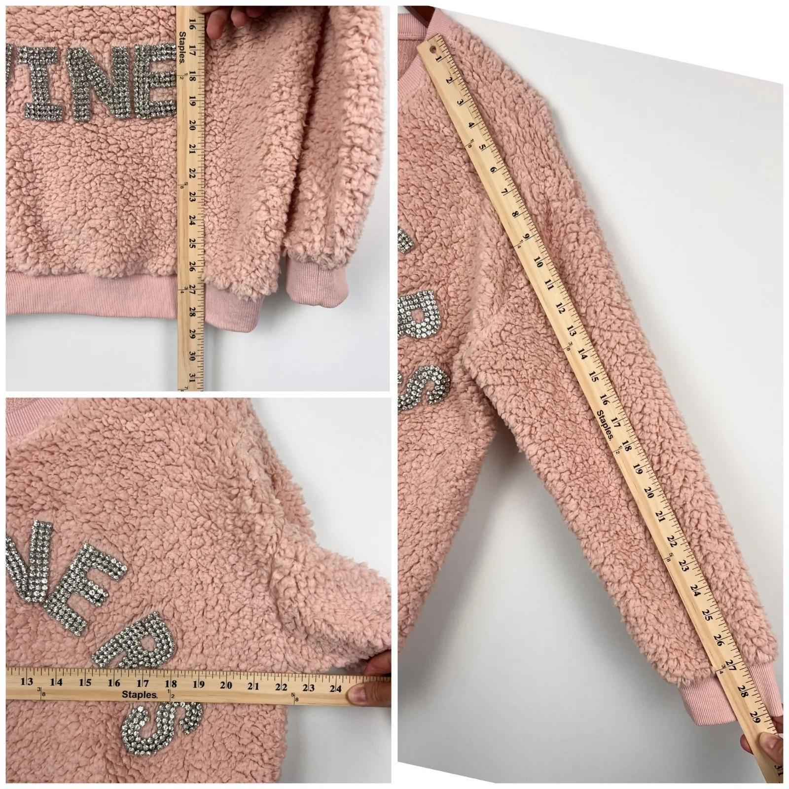 Judith March Pink Sherpa  S Sweatshirt Partners N Wine Rhinestone Lettering - Image 7