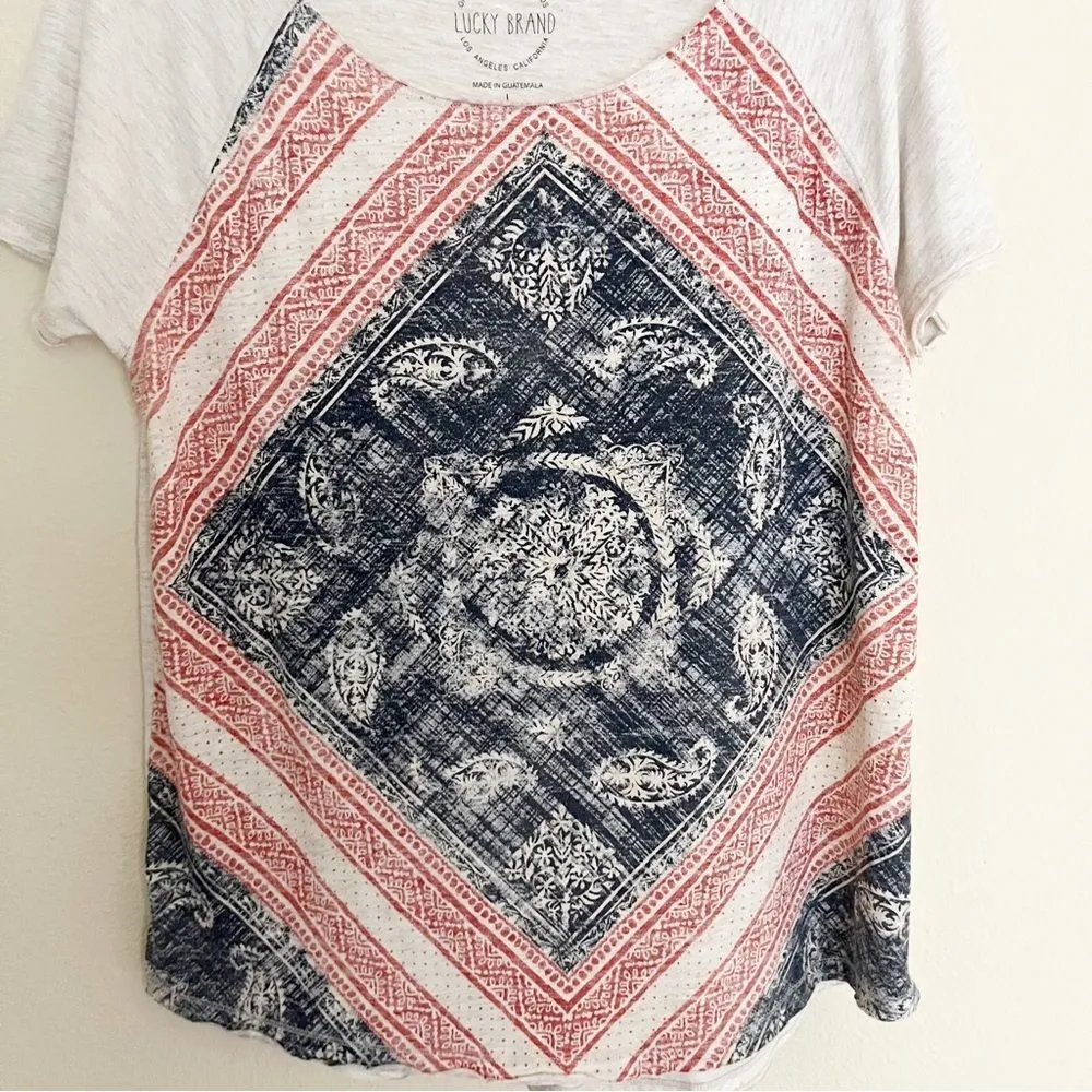 Lucky Brand Handkerchief T-Shirt Womens Size L Paisley Patriotic Americana - Image 2