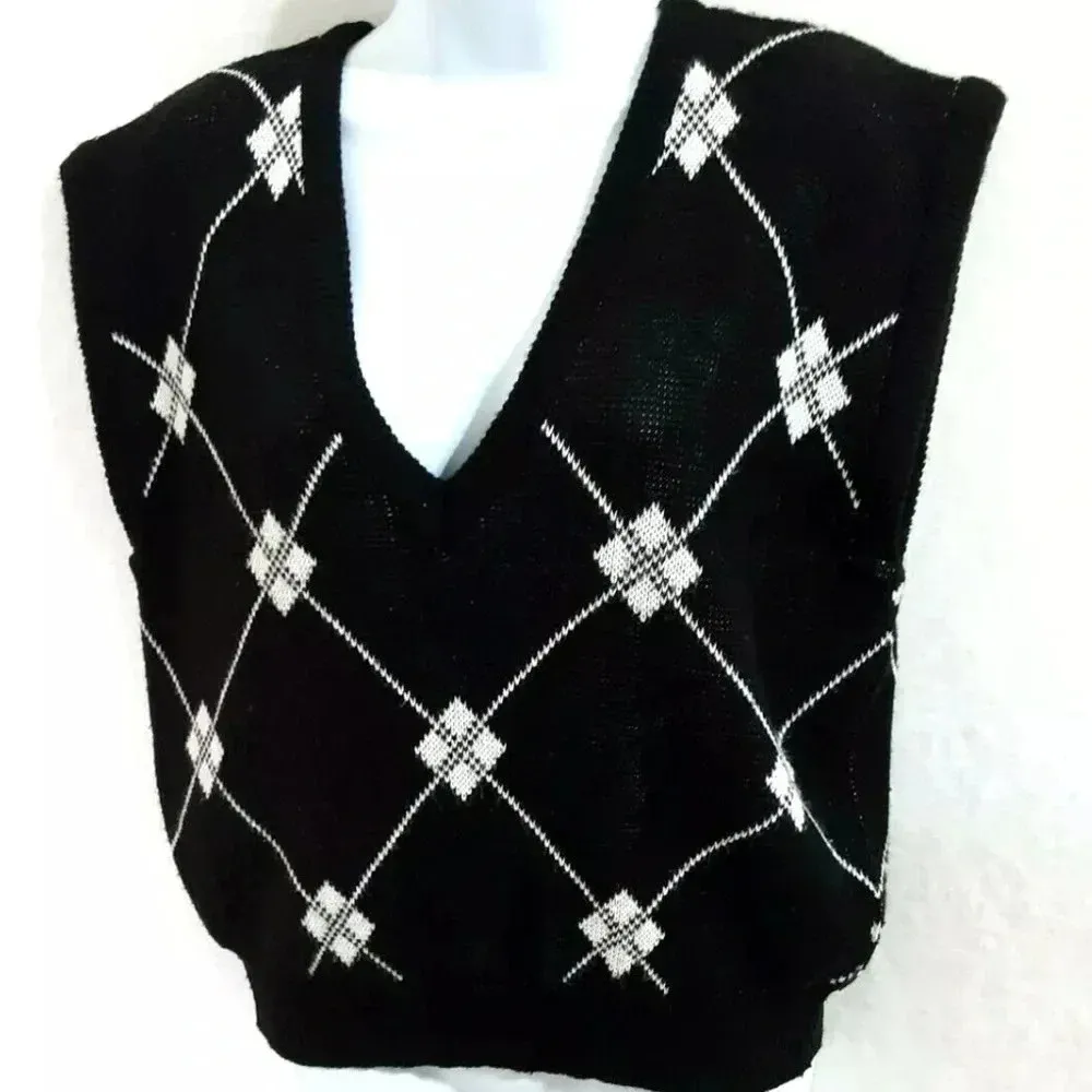 Loubella Vintage 80's Knit Vest Women Size L Diamonds pattern Black White Size L - Image 3