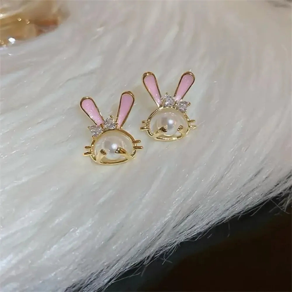 Cute Bunny Pearl Stud Earrings Gold Tone CZ Rabbit Earrings NWT - Image 2