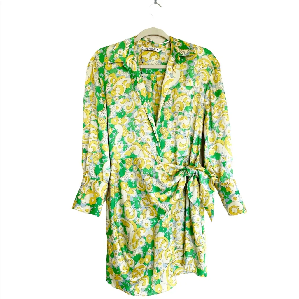 NWOT ZARA FLORAL SILKY SATIN EFFECT KNOTTED BLOGGERS FAV WRAP MINI DRESS - Image 10