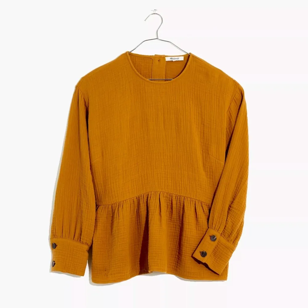 Madewell Lightspun Button-Back Peplum Top in Mustard - Image 4
