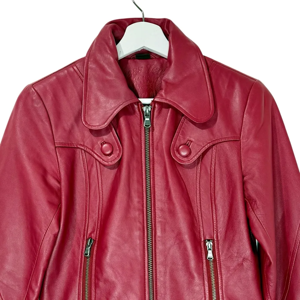 Vintage Y2K Guess 100% Leather Deep Red Burgundy Bomber Jacket Knit Trim Size XS - Image 4