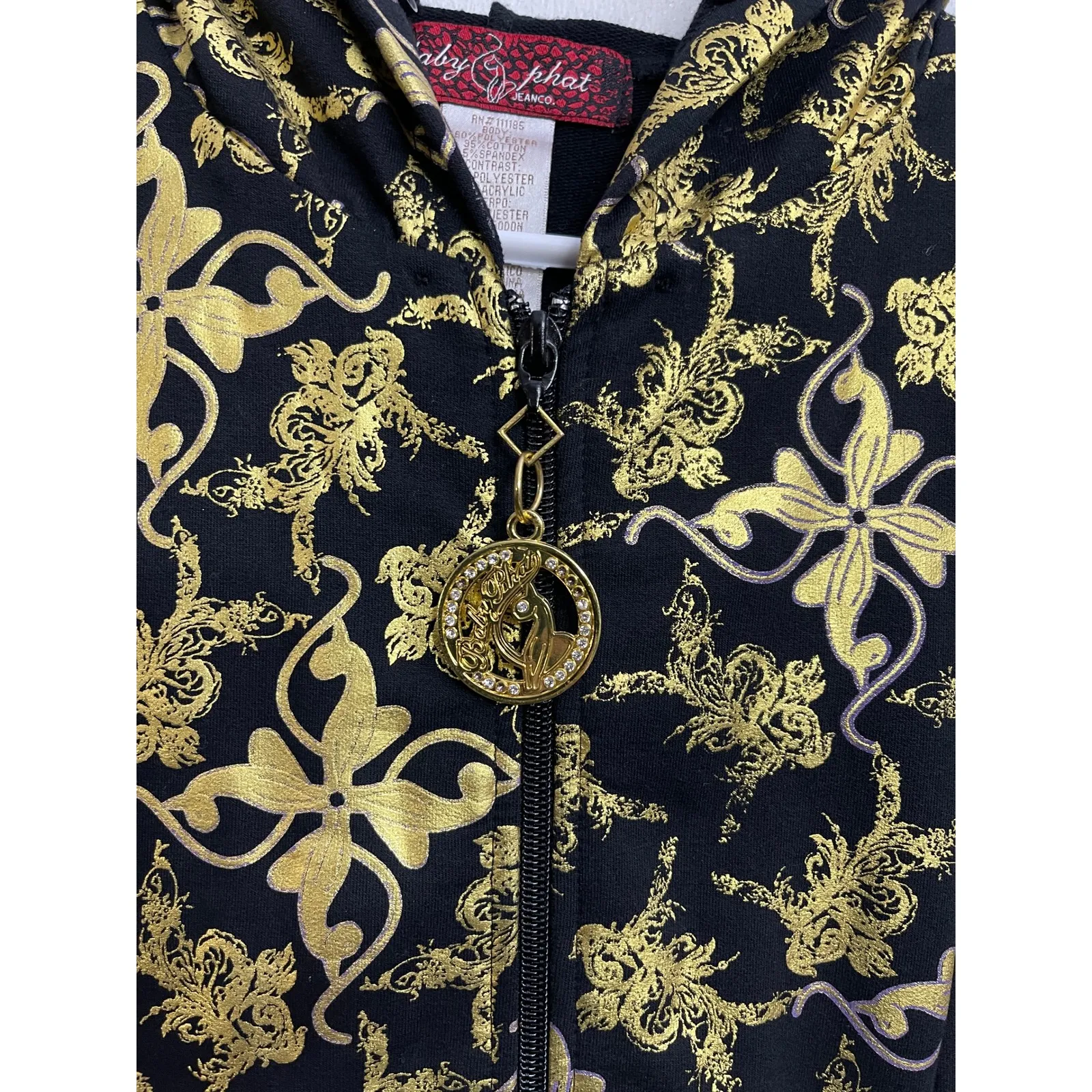 Vintage Y2K Baby Phat Hooded Zip Sweater Dress Gold Baroque Graphic Metallic M - Image 4