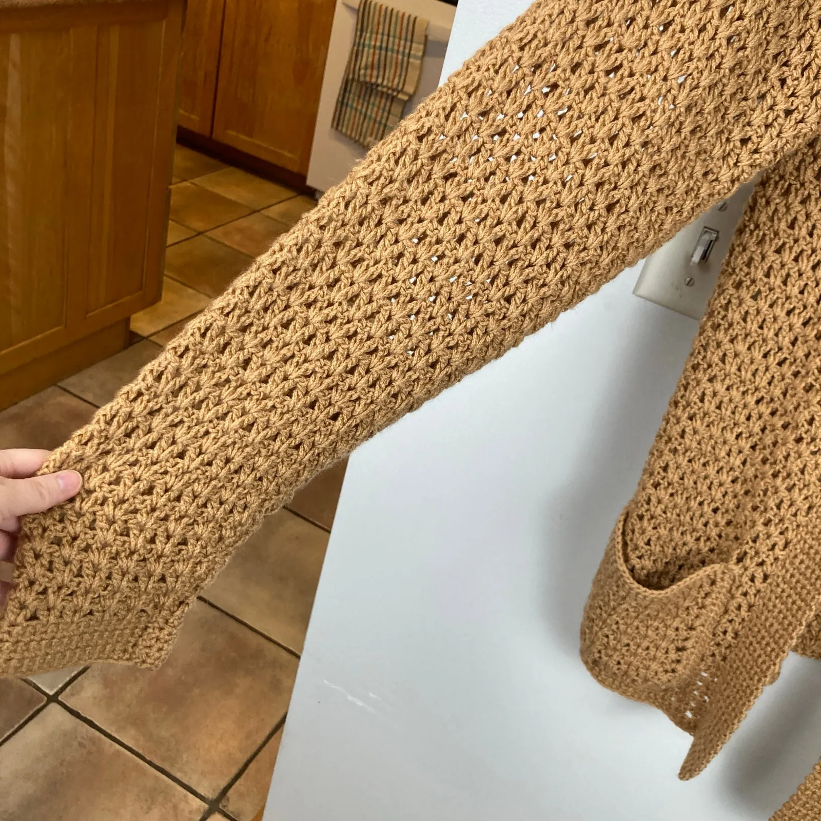 Handmade Womens L Long Brown Crochet Open Knit Oversized Cardigan Boho Granola - Image 4