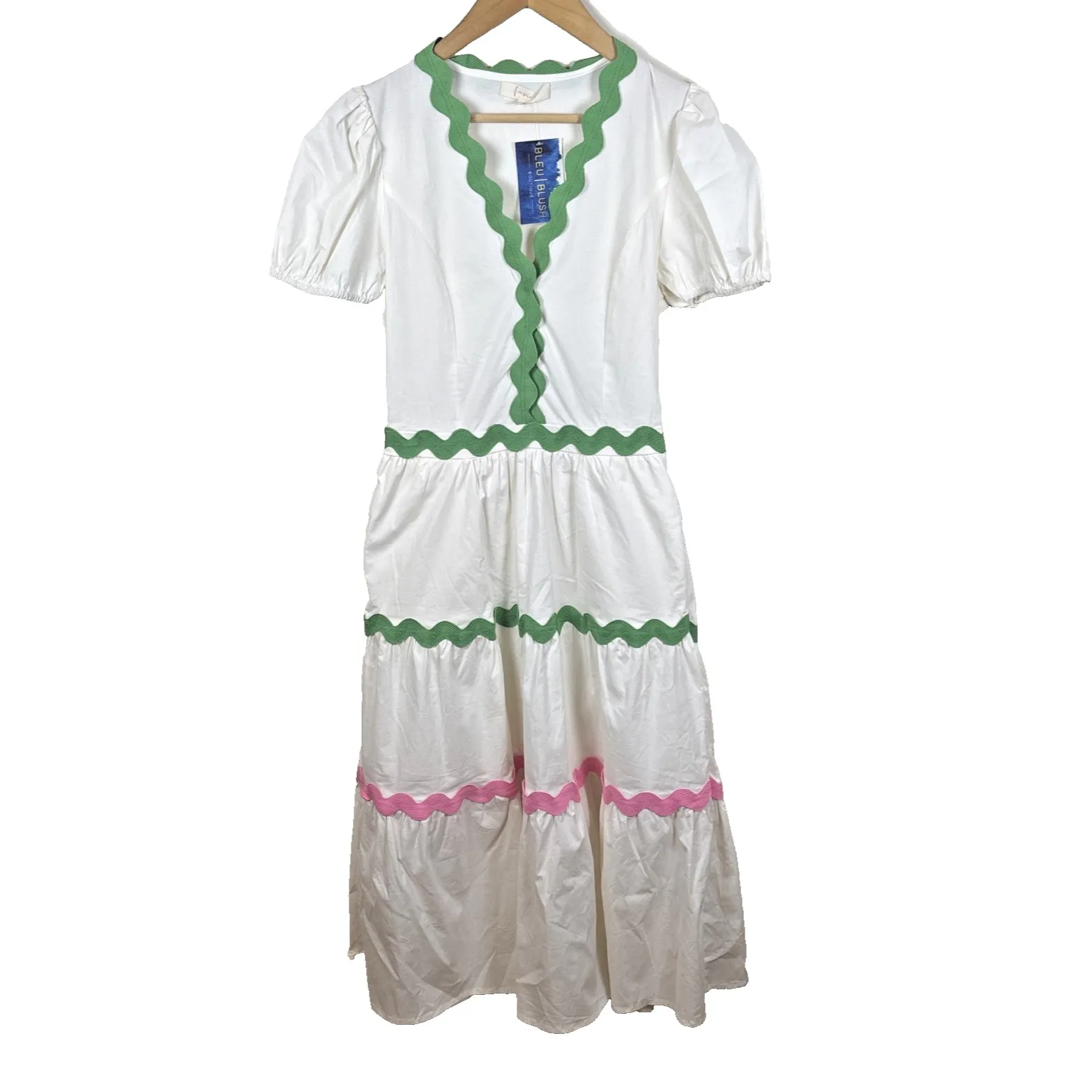 Fanco Dress Womens Sz S New White The Westerly Midi Ricrac Trim Tiered Cotton - Image 3