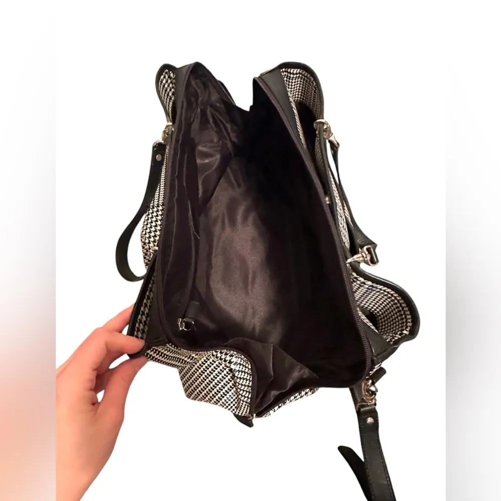 RALPH LAUREN EXTRA LARGE BLACK WHITE BLUE PLAID HOUNDSTOOTH TOTE BAG PURSE - Image 7