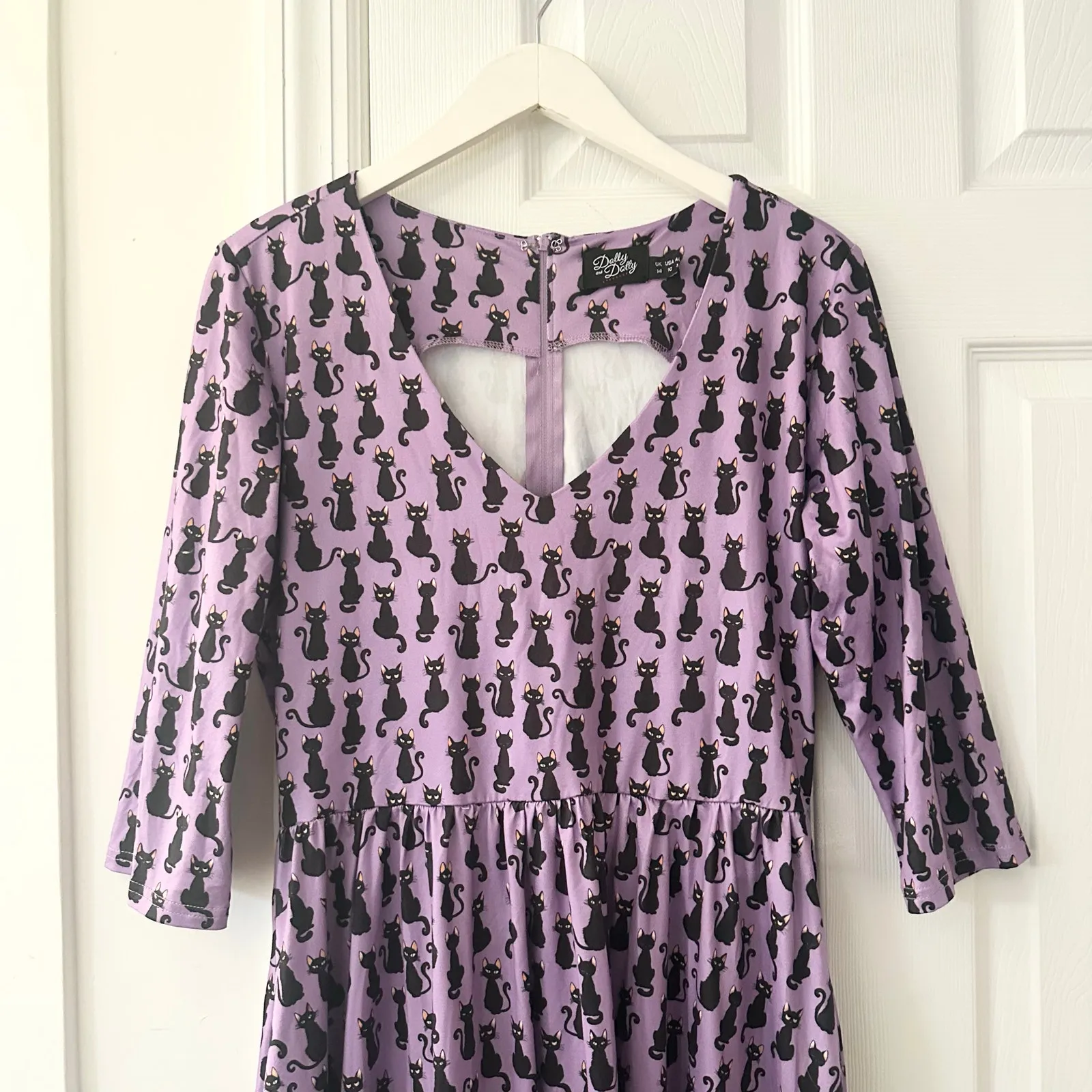 Dolly and Dotty Unique Vintage Purple Billie Black Cat Print Midi Flare Dress 10 - Image 3