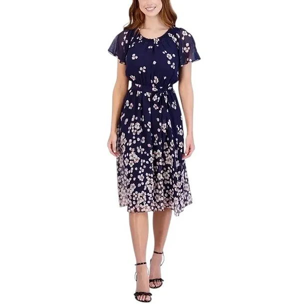 Sandra Darren Plus Size‎ 20W Dress Navy Floral Short Sleeve Smocked Midi 1284 - Image 4
