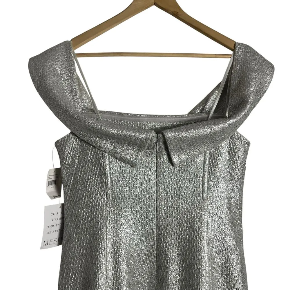 Mestiza New York Mona Silver Metallic Tweed Off the Shoulder Formal Gown 14 - Image 9