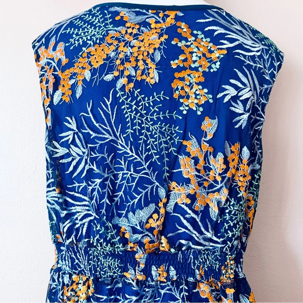 Reba Navy Blue Green & Orange Embroidered Floral Sleeveless Dress. Size XL - Image 5