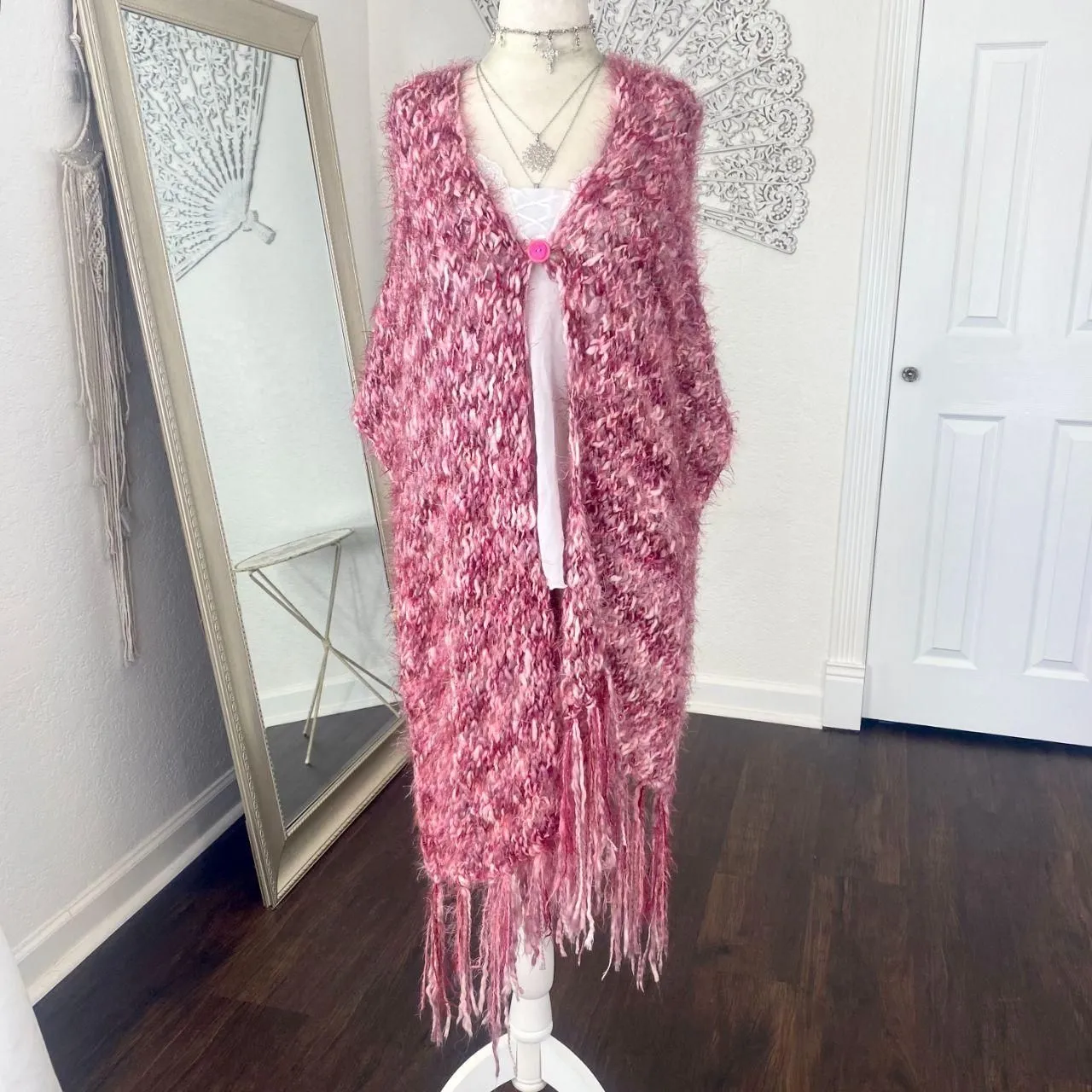 Early 2000's Pink Purple Y2K Fairycore Fuzzy Glitter Knit Heart Top Shawl OS Size undefined - Image 2