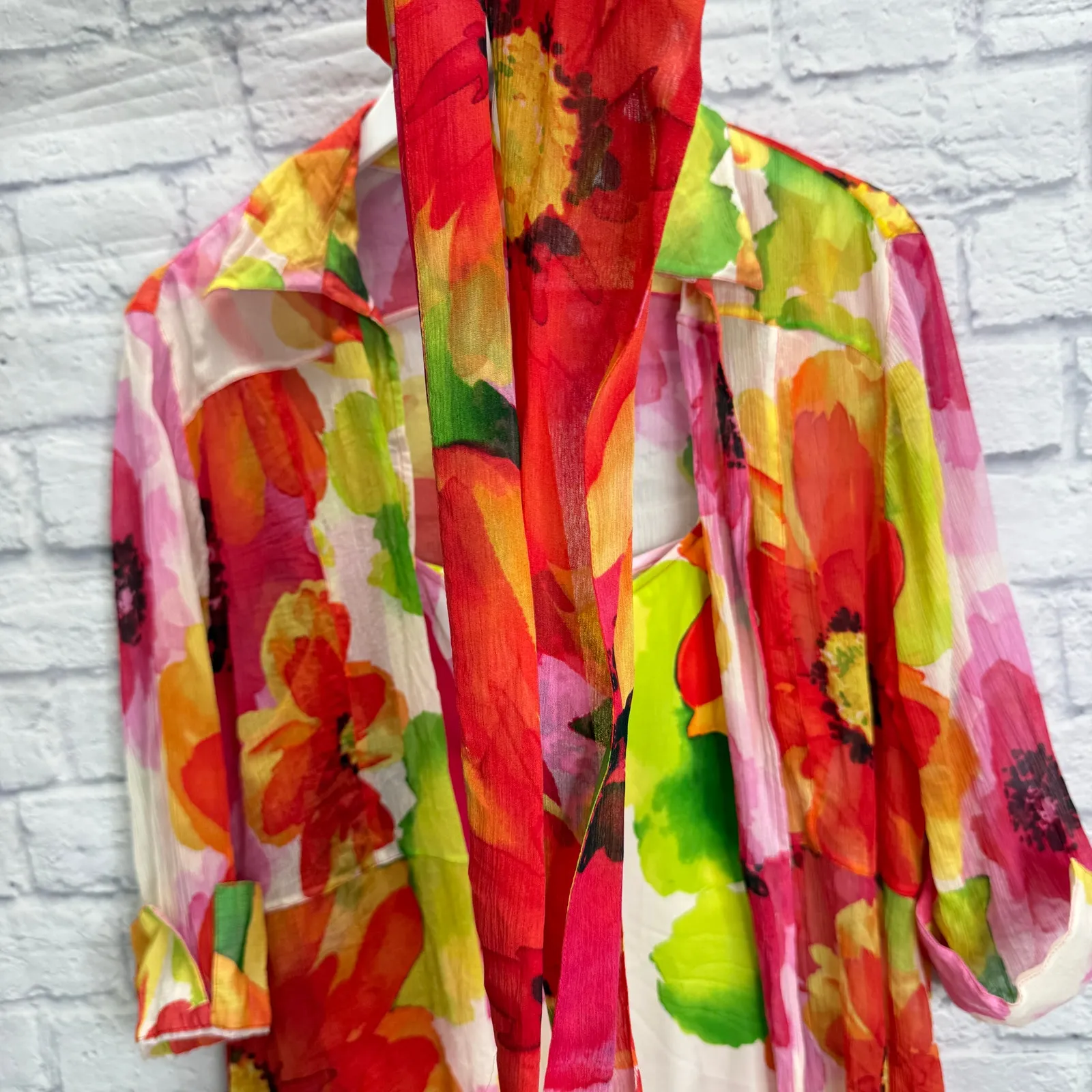 Chicos Silk Sheer Tunic and Tank 3pc Set Floral Scarf Size 2 / L Red Pink Blouse - Image 6