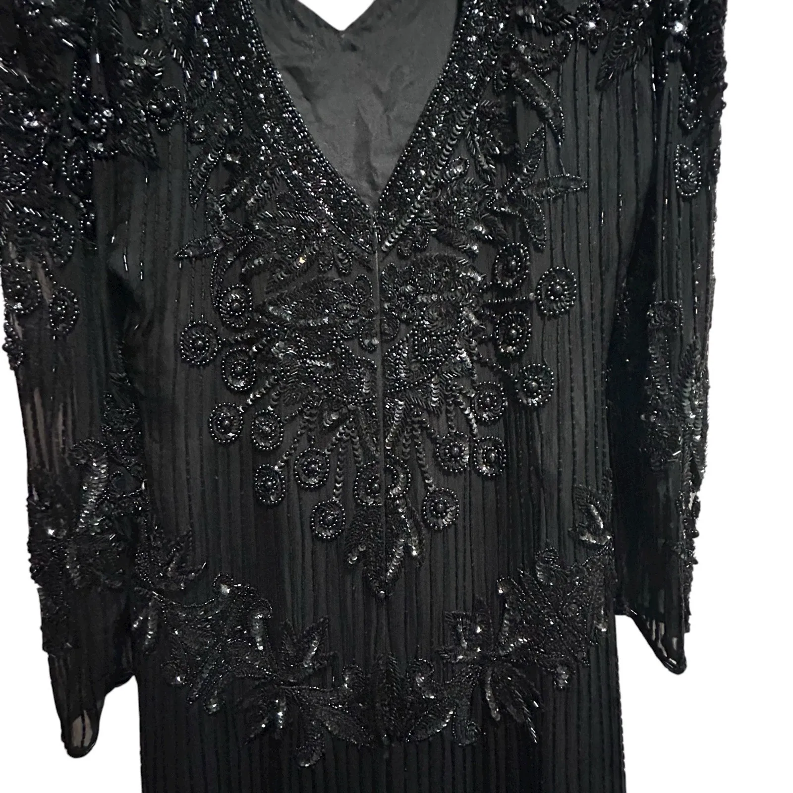 Vintage Right Choice Silk Beaded Gown Black Evening Dress 1980s Made‎ in India Size 6 - Image 11