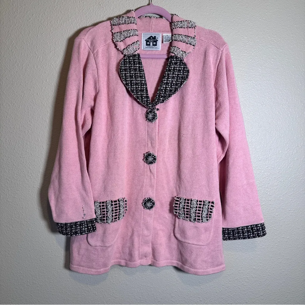 Vintage Storybook Knits Pink Black Cardigan Sweater Womens 1X Rhinestone Pearl - Image 2