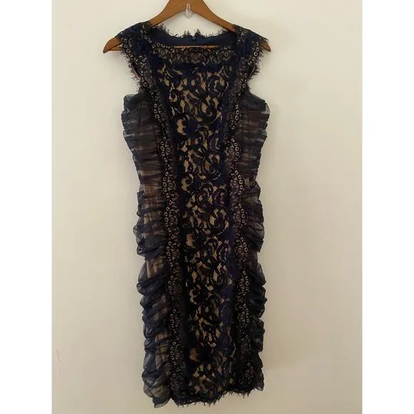 Tadashi Shoji 6 Navy Blue Lace Overlay Ruched Short Knee Length Dress EUC Formal - Image 2