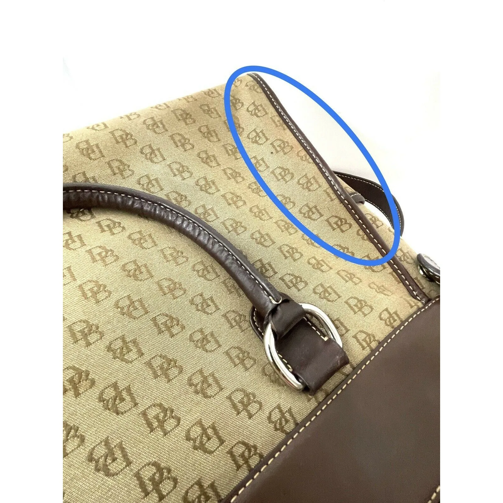 Dooney & Bourke Brown Tan DB Double Pocket Tote Satchel Purse Removable Strap - Image 9