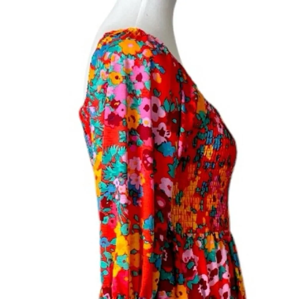 SugarLips Midi Dress Smocked Top Ruffle Sleeves Red Multi Women’s Size Small - Image 7