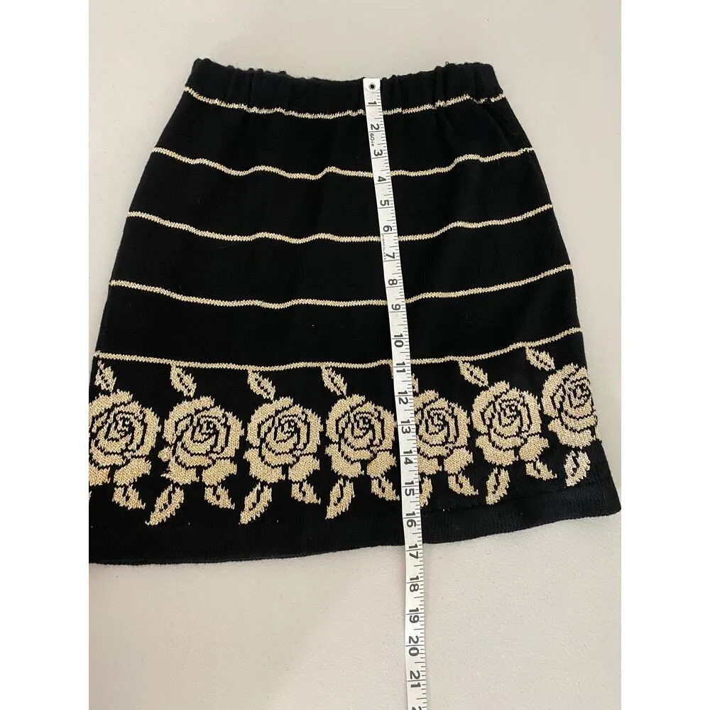 Vintage Black Metallic Gold Stripe Rose Floral Knit Stretchy Sweater Skirt Small - Image 3