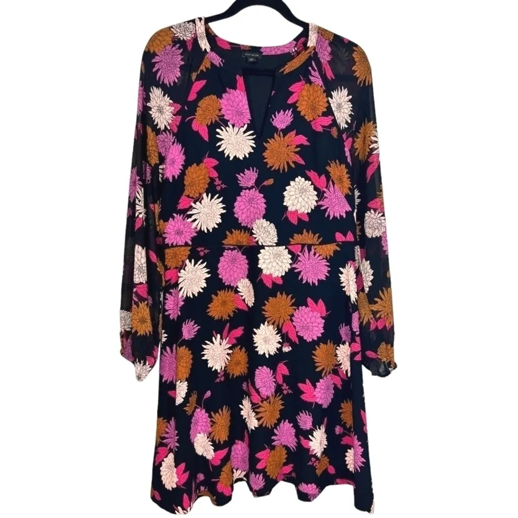 Ann Taylor Autumn Floral Chiffon Long Sleeve Fit &‎ Flare Dress Size 10 Feminine - Image 3