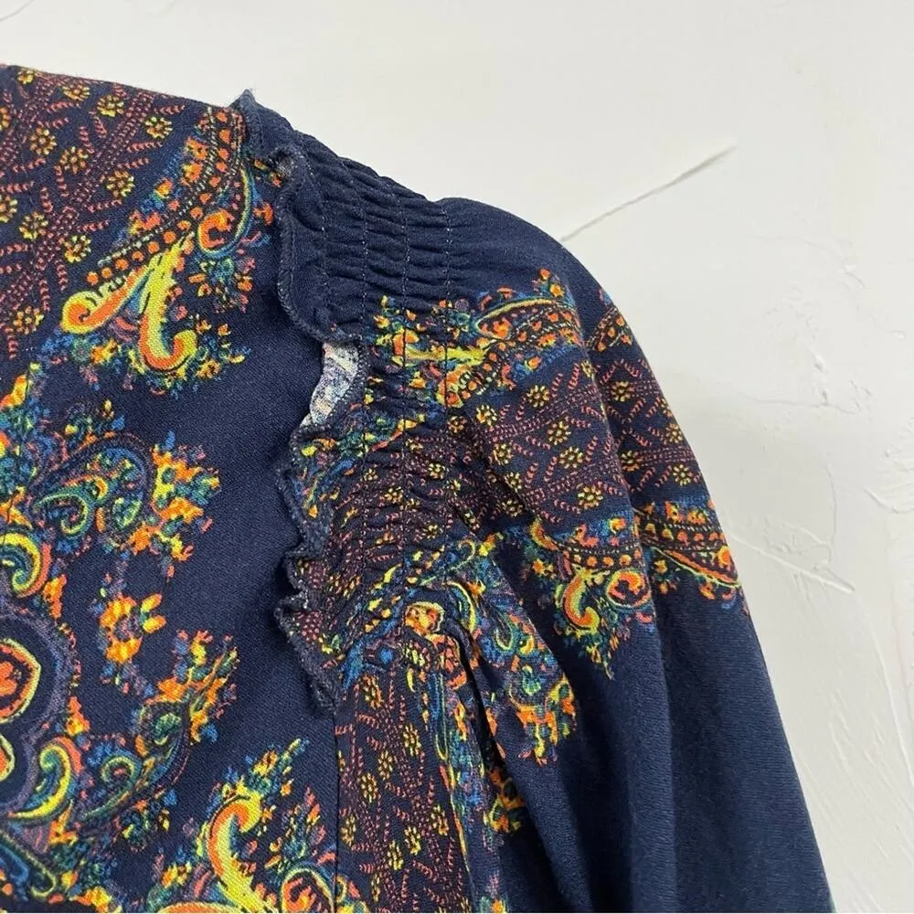 Free People Blue & Green Floral Paisley Balloon Sleeve Tunic Mini Dress XS - Image 10