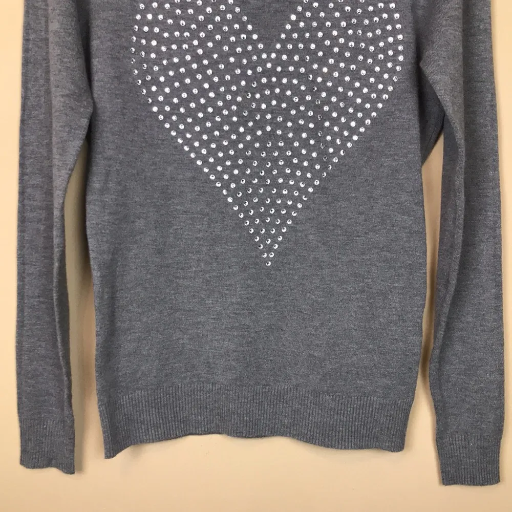 NWT Vila Milano Women’s Wool Blend Heart Rhinestones Gray Crew Neck Sweater - Image 3