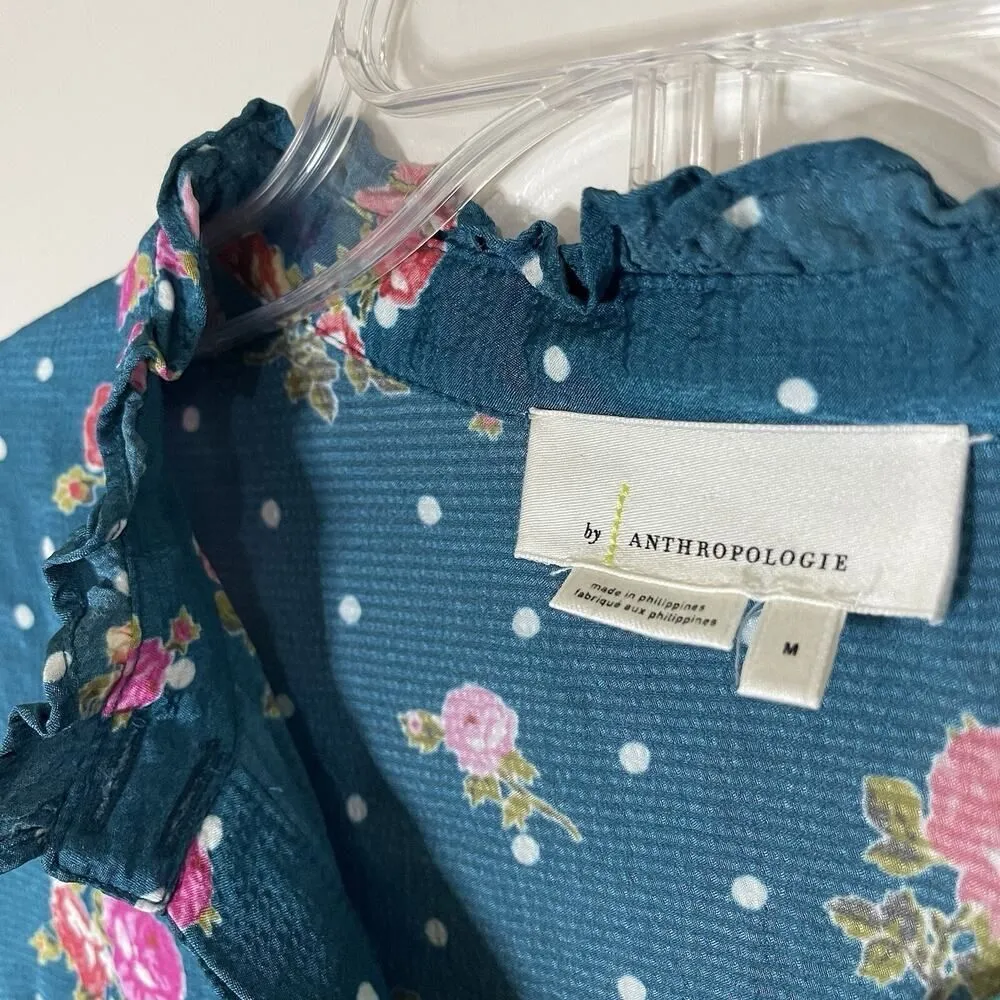 ANTHROPOLOGIE WELLESLEY BUTTON DOWN BLUE FLORAL BLOUSE TOP SIZE MEDIUM - Image 5