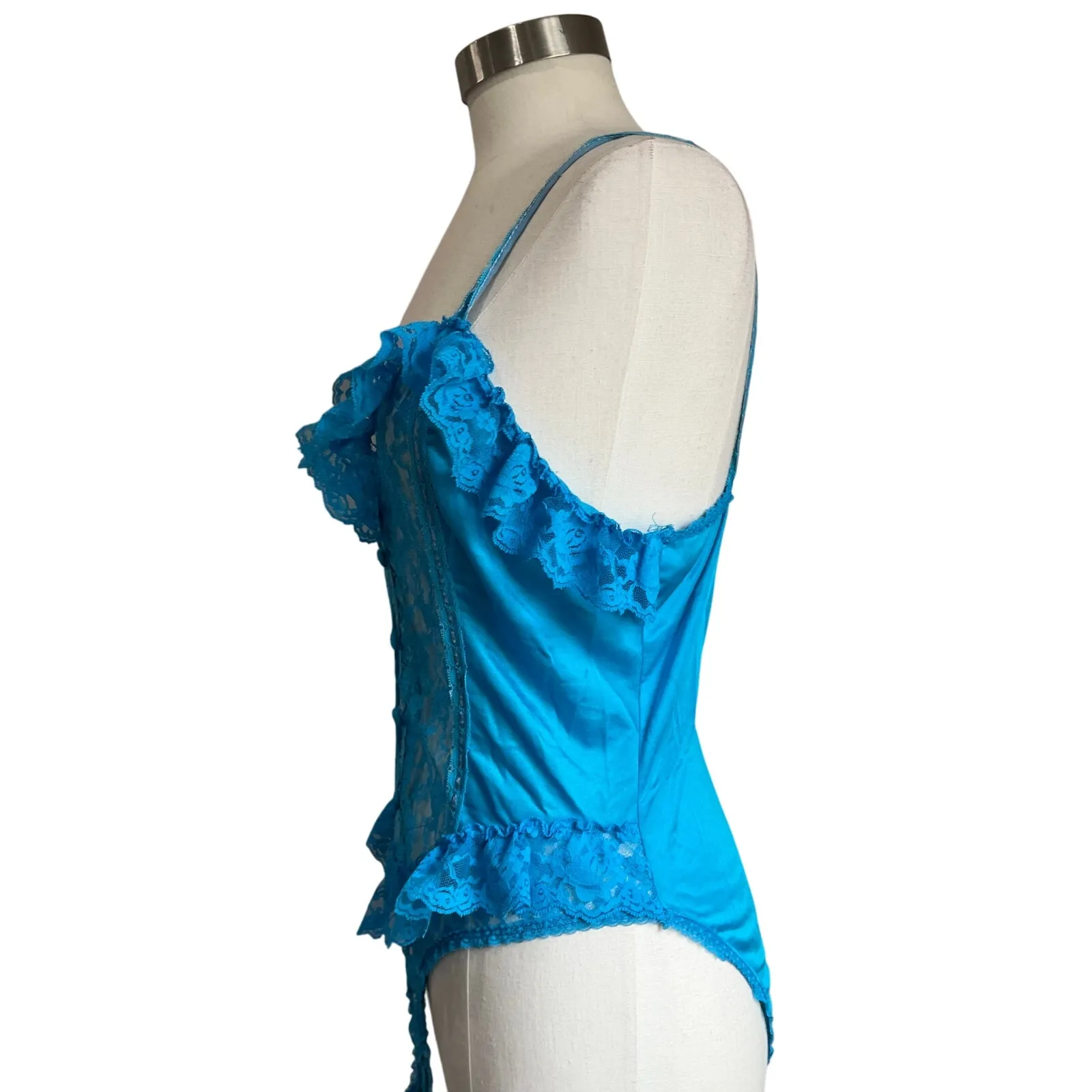 70s Lace Blue Ruffle Bodysuit Teddy Size Medium - Image 3