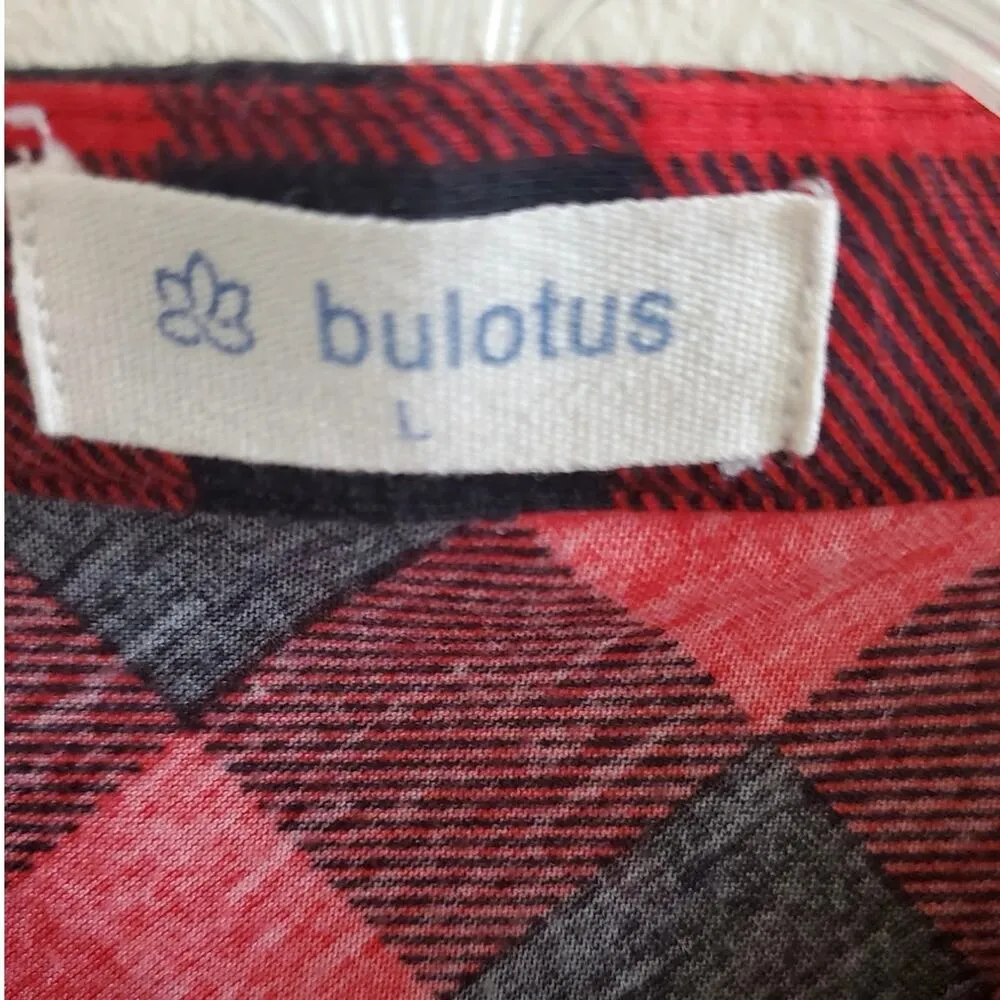 Bulotus Women's Zip Up Sleeve Round Neck Casual Red Black Plaid Tunic Size Large - Image 5