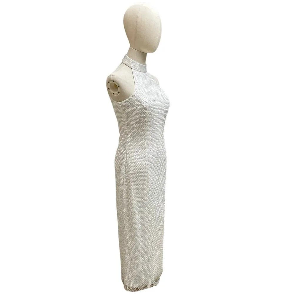 Mac Duggal Sz 4 Embellished Halter Neck White Midi Sheath Dress Formal Gala - Image 2