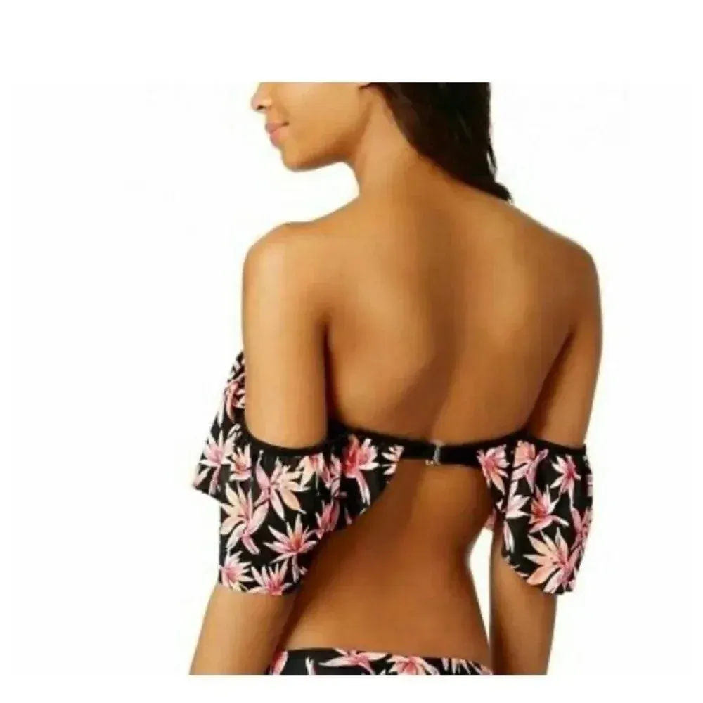 Hula Honey Paradise Flounce Floral Swim Top Black Pink Tropical - Image 2