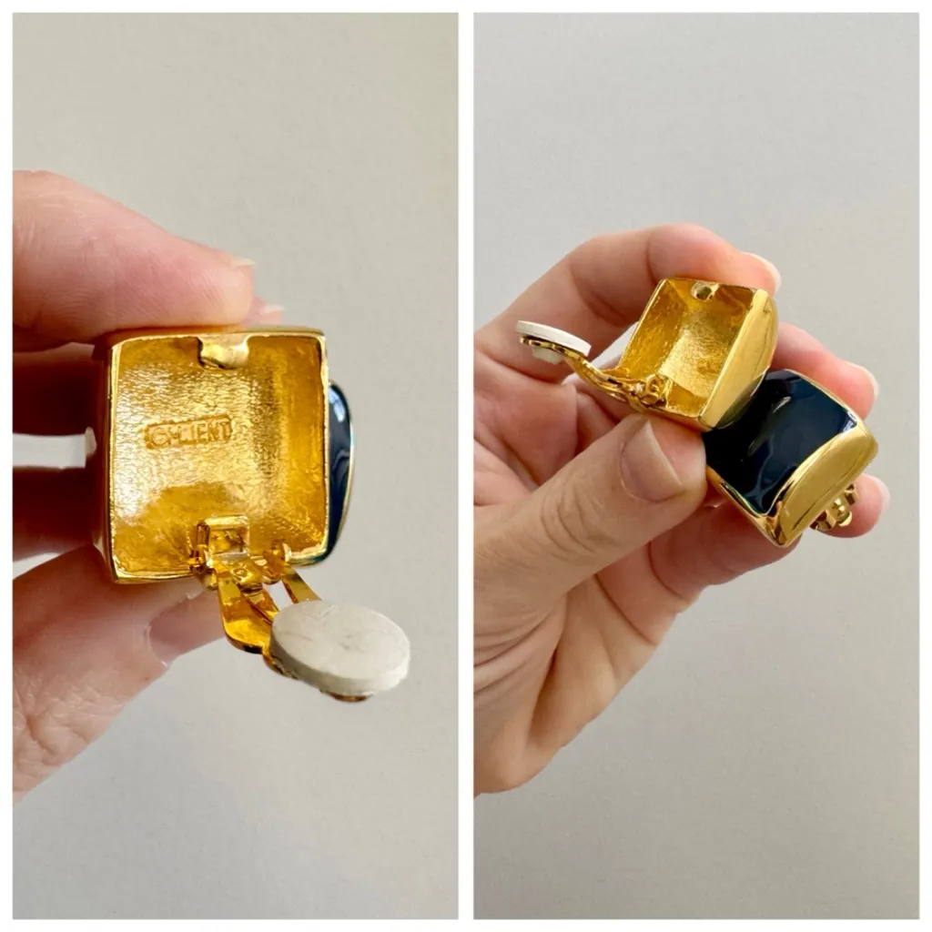Vintage 80s M.Jent Gold & Navy Enamel Square Fashion Clip - Image 5