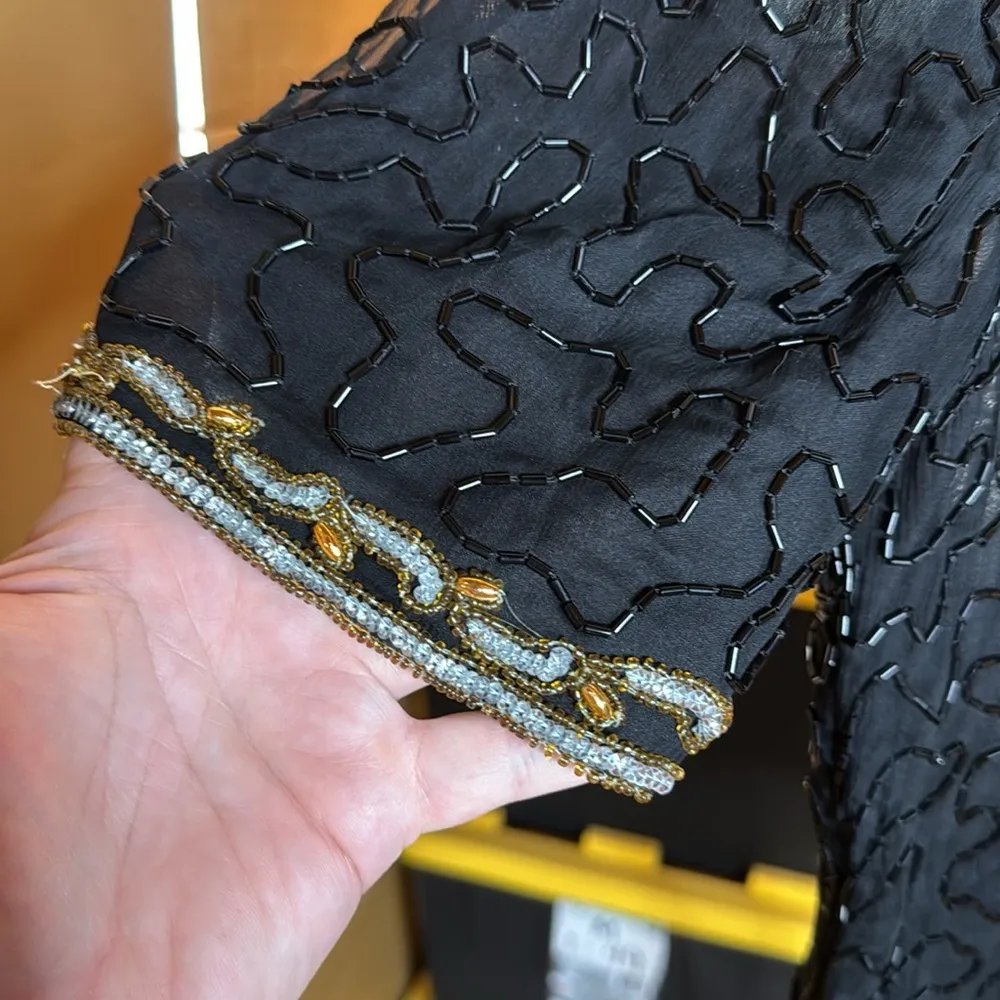 Laurence Kazar Black 100% Silk Blouse Silver Gold Sequin Beaded Size XS - Image 2