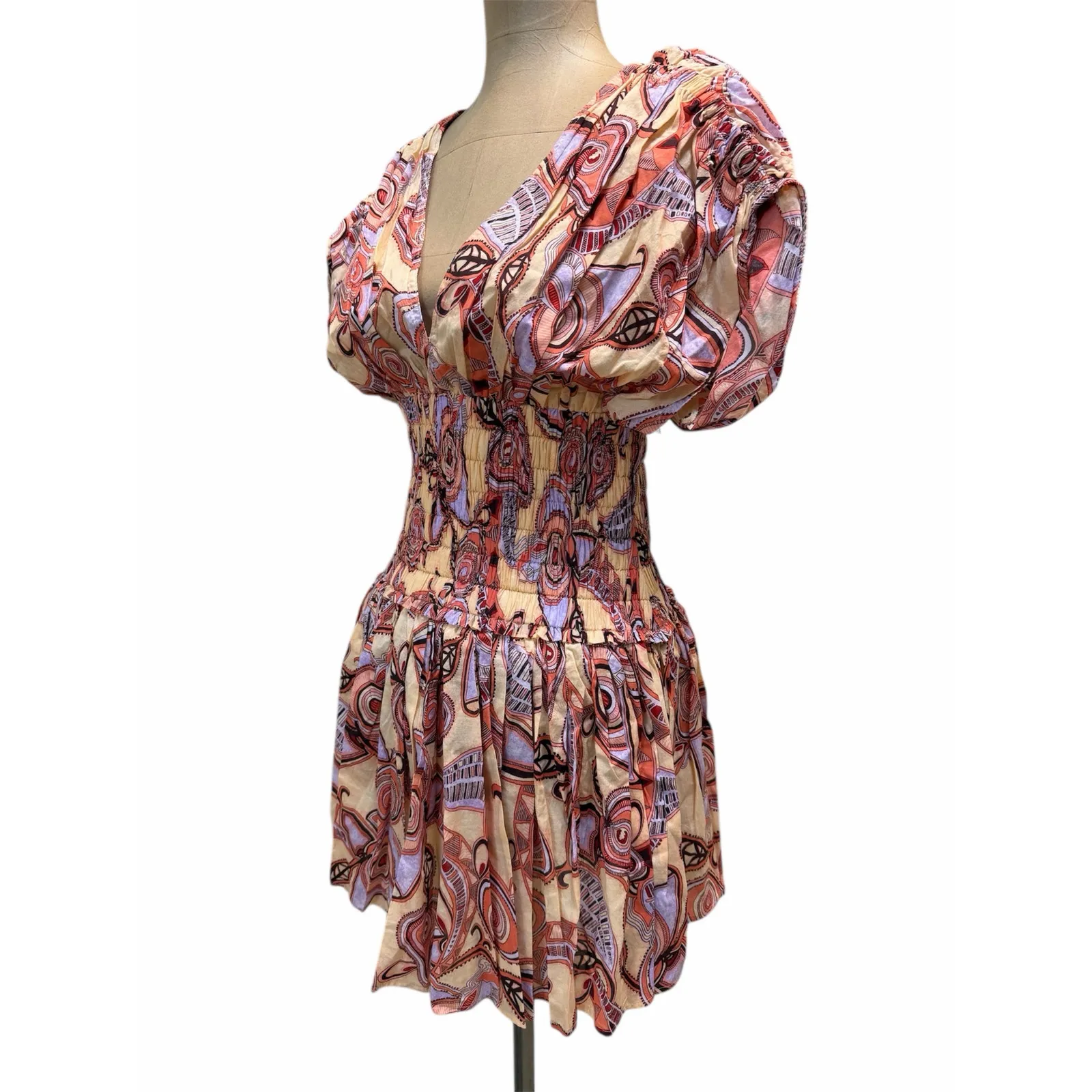 A.L.C. Mini Dress Luna Smocked Peach Multicolor Fit and Flare 100% cotton size 2 - Image 8