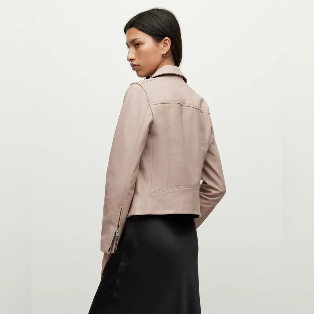 All Saints 8 Dalby Slim-Fit Leather Biker Jacket Misty Pink‎ Zipper Moto Boho - Image 2