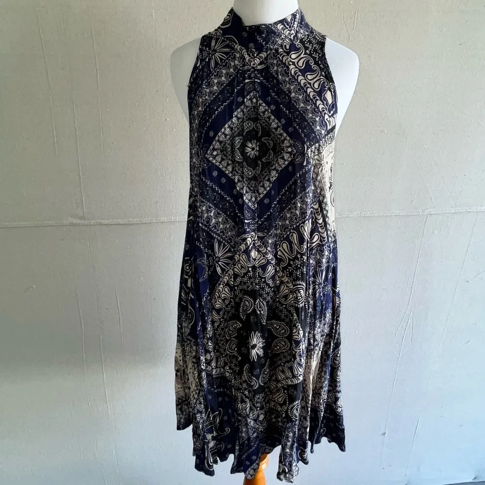 Beaux Halter Mini Dress Paisley High Neck L Navy boho - Image 4