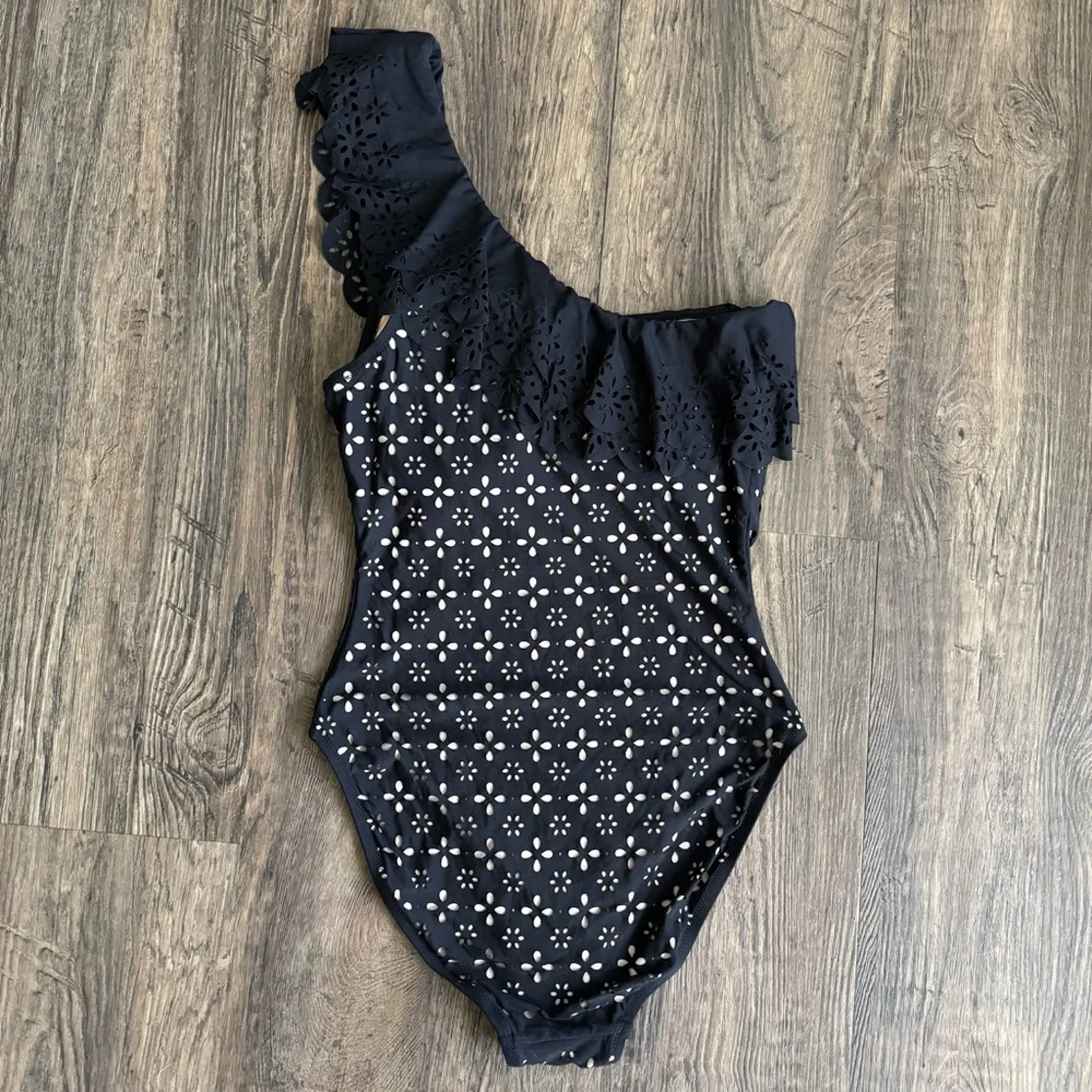 J. Crew Scalloped Ruffle One-Shoulder One Piece Swimsuit in Black 10 - Image 7