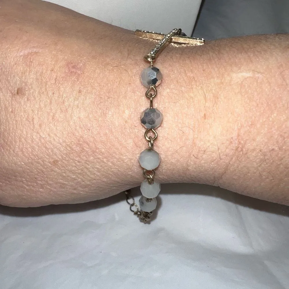 Rhinestone Cross and Beaded Gold Tone Bracelet - Image 2