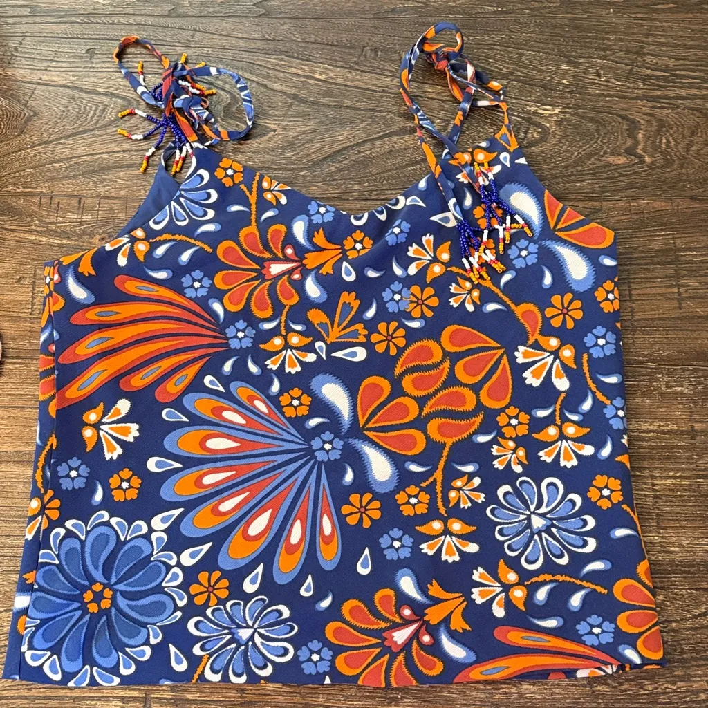 Sigrid Olsen Navy Orange Floral Skirt Set Small S Tassel Tie Strappy Coastal - Image 2